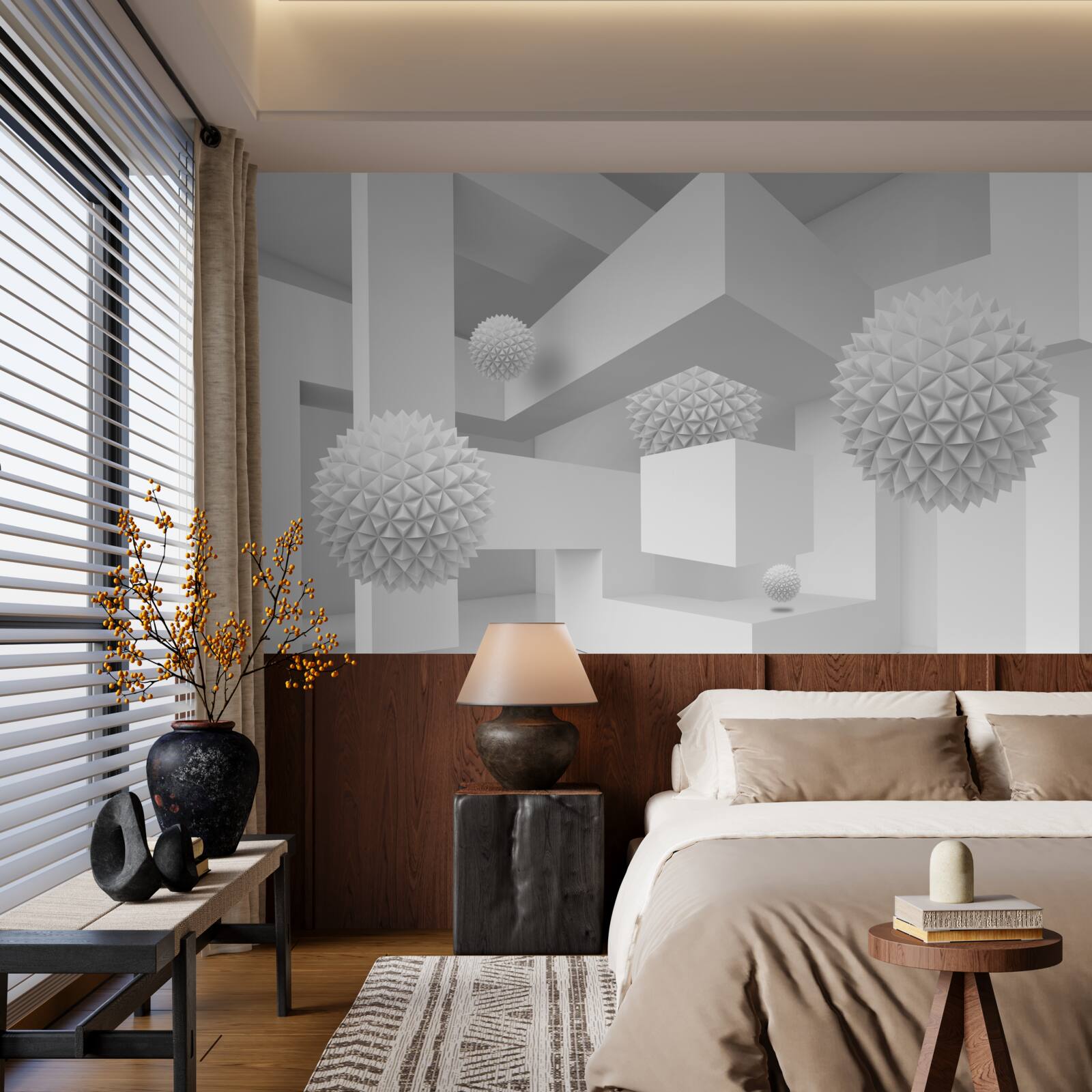 Fototapeta lietajúce ostré gule v abstraktnej geometrii