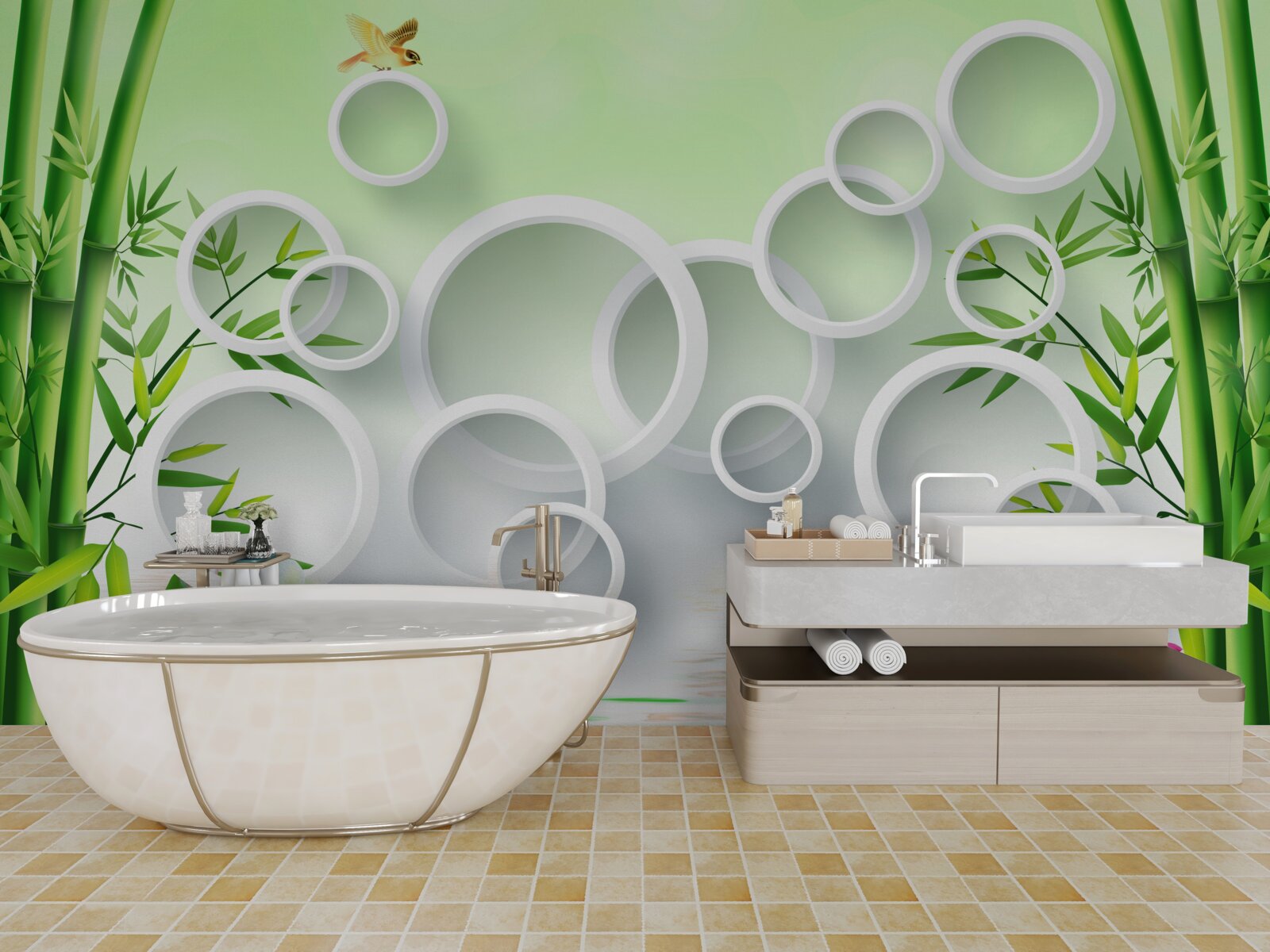 Fototapeta Masívny zelený bambus a svieže biele