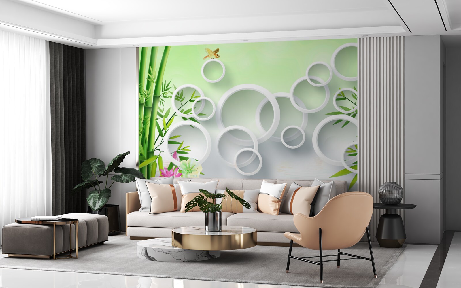 Fototapeta Masívny zelený bambus a svieže biele