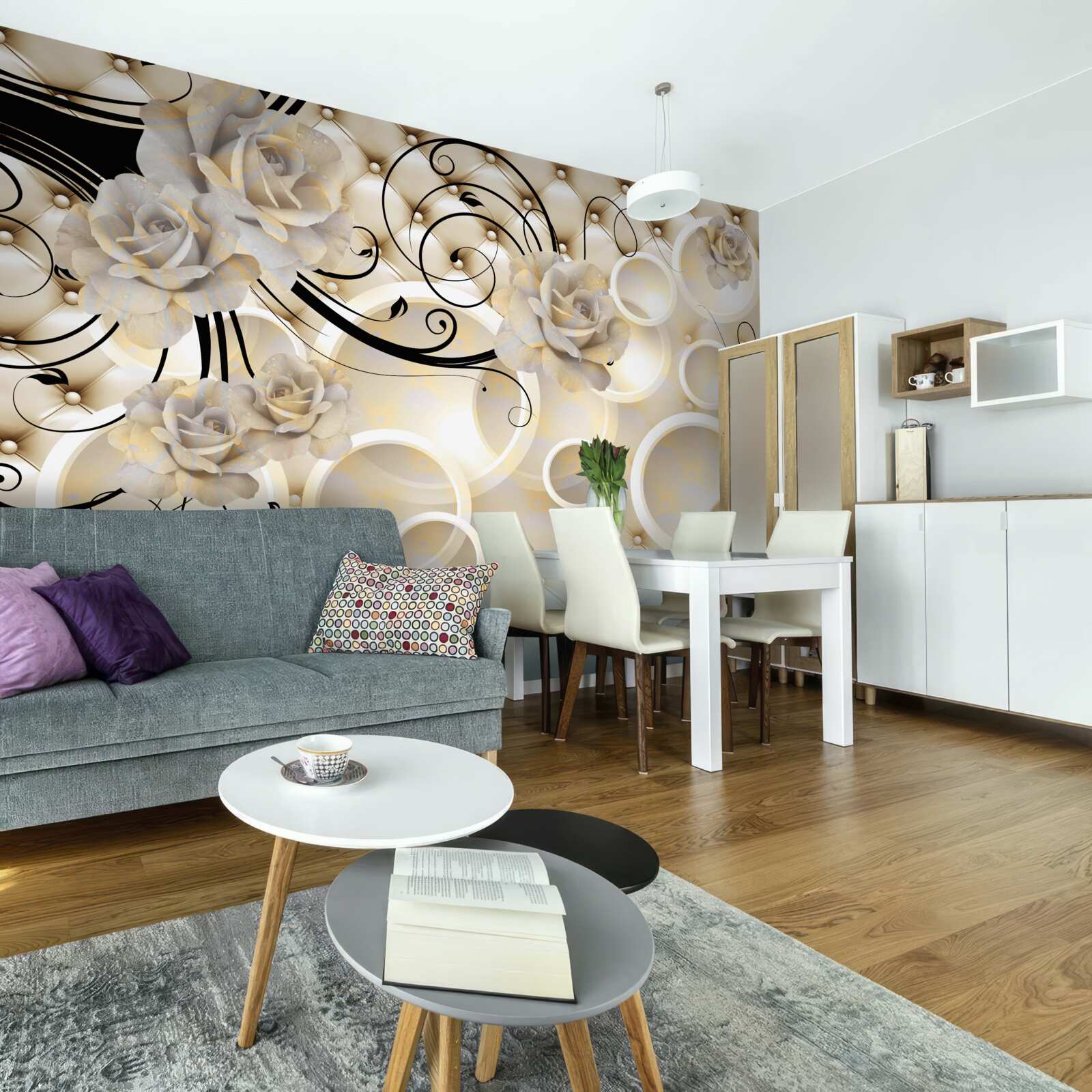 Fototapeta abstraktné kruhy a látky s kvetinovými motívmi