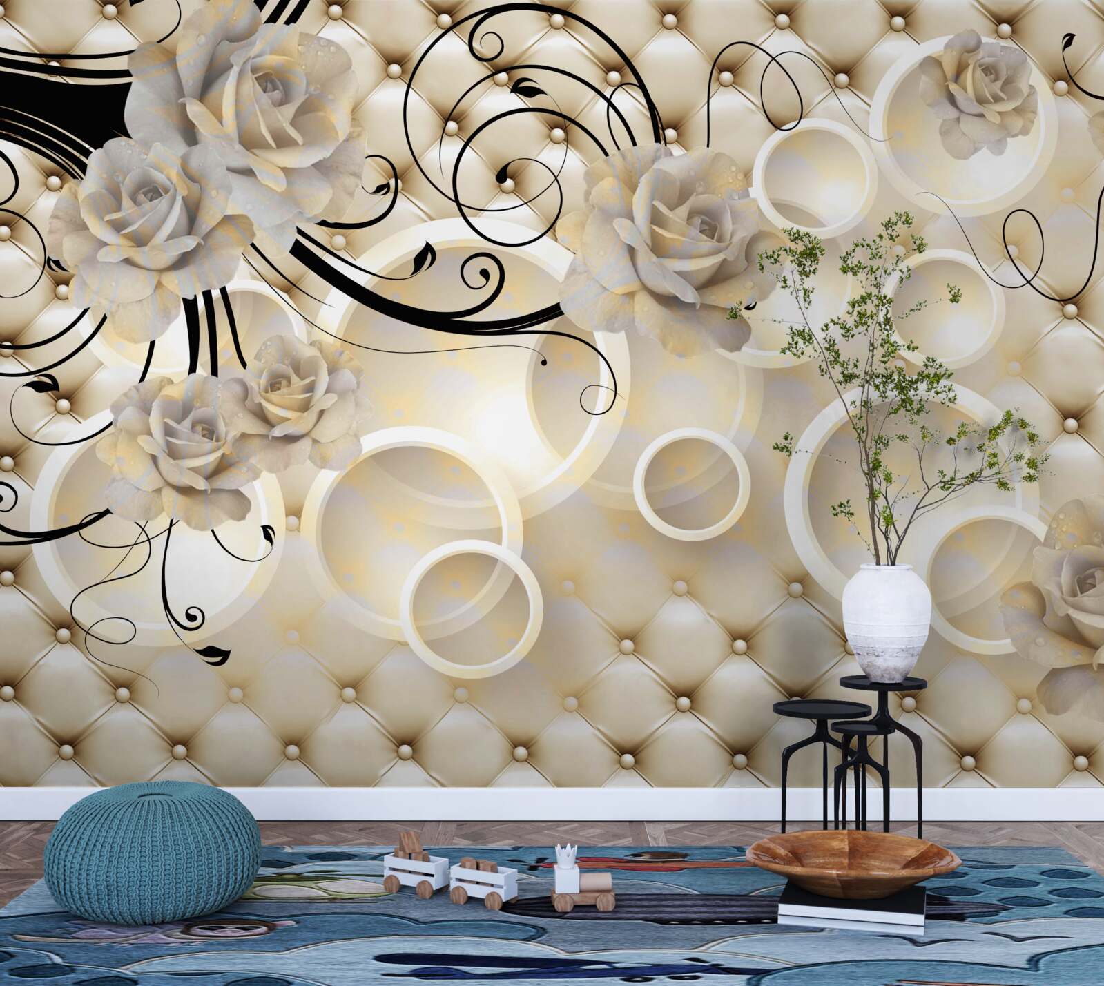 Fototapeta abstraktné kruhy a látky s kvetinovými motívmi