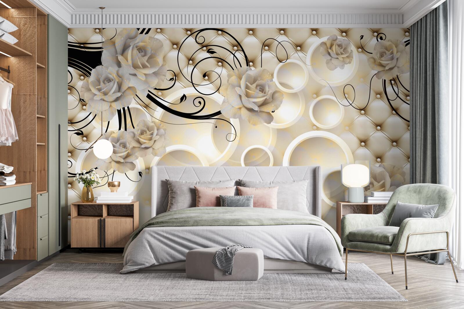 Fototapeta abstraktné kruhy a látky s kvetinovými motívmi