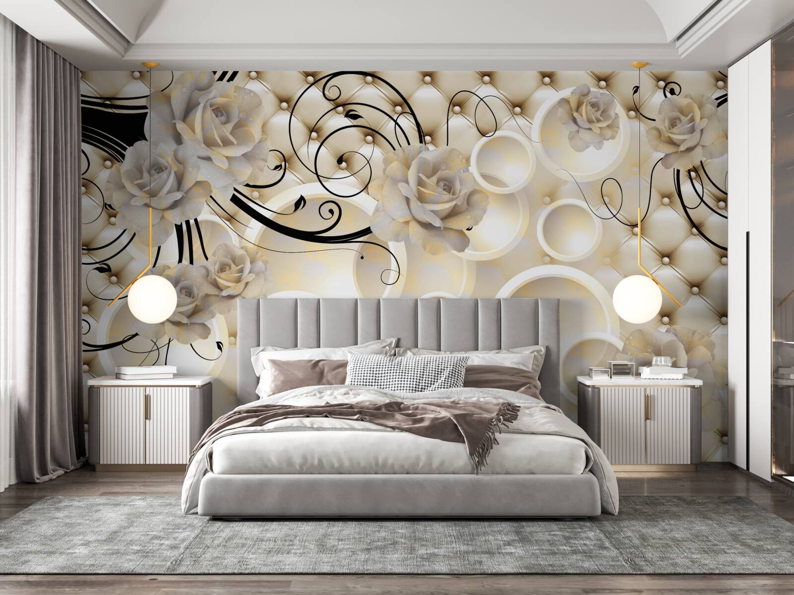 Fototapeta abstraktné kruhy a látky s kvetinovými motívmi