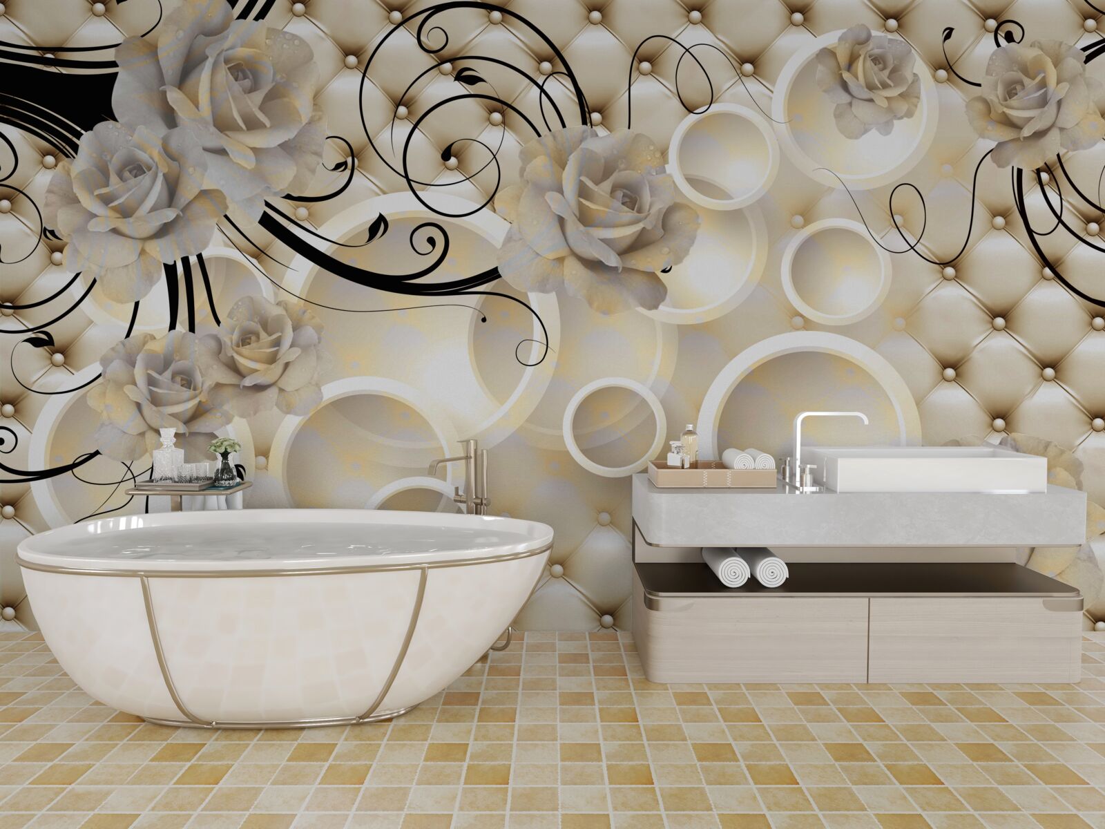 Fototapeta abstraktné kruhy a látky s kvetinovými motívmi