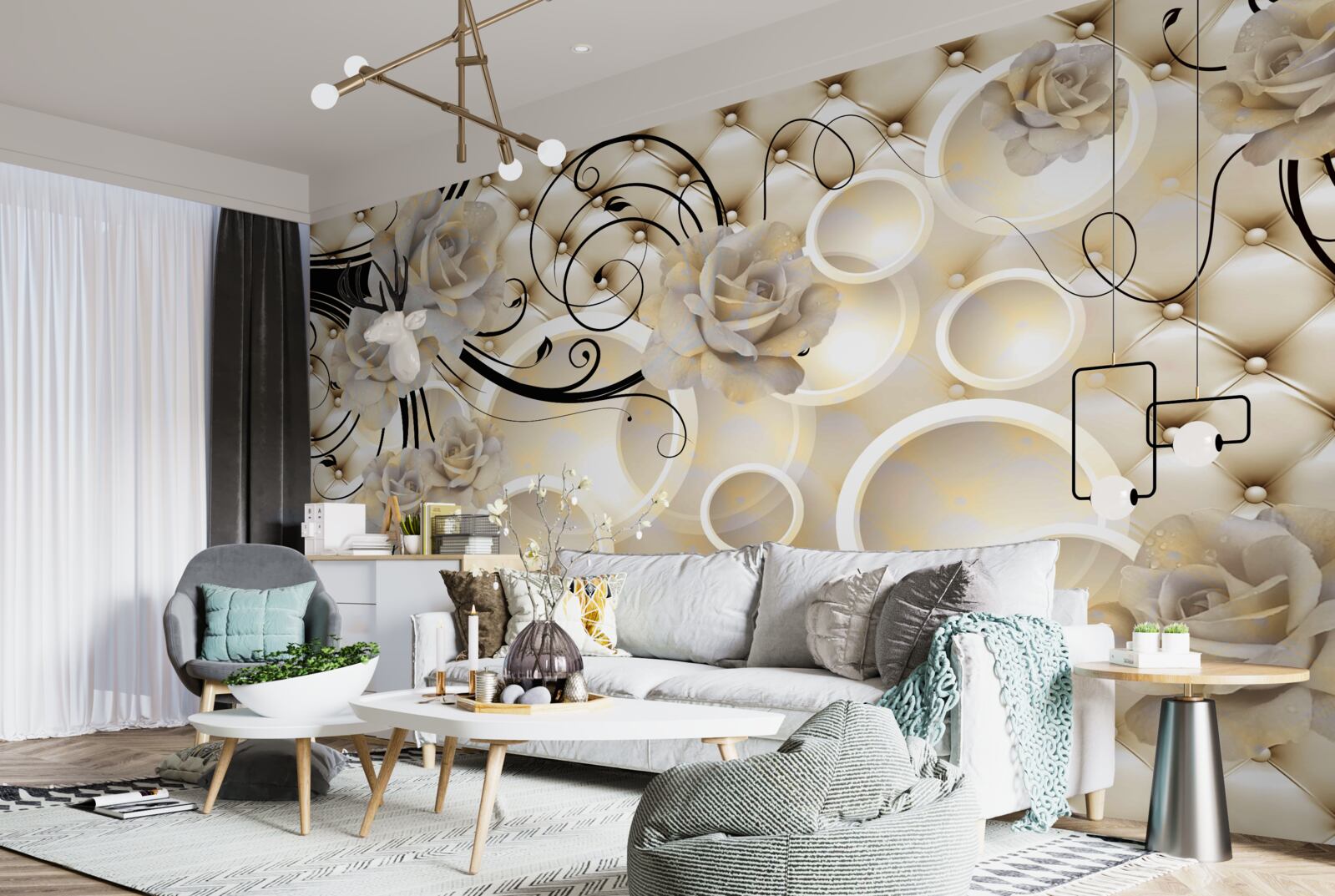 Fototapeta abstraktné kruhy a látky s kvetinovými motívmi