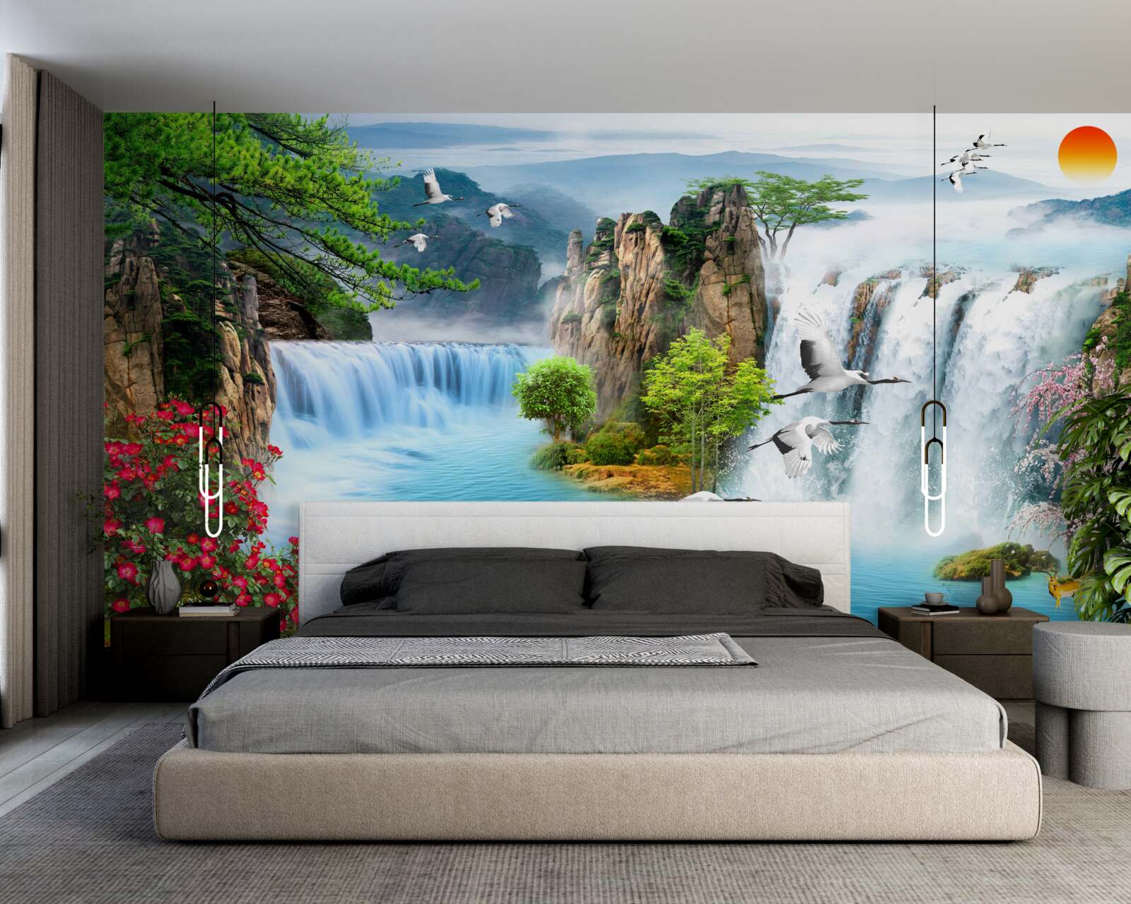 Fototapeta na zelenom zádi osvetľuje západ slnka nádherné vodopády