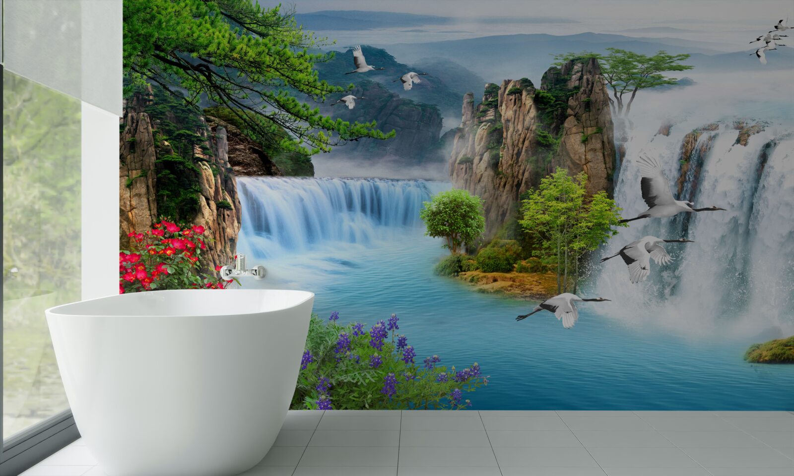 Fototapeta na zelenom zádi osvetľuje západ slnka nádherné vodopády