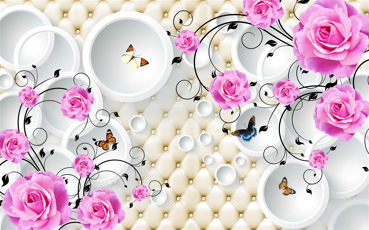 Fototapeta ružové ruže a motýle na zádi abstraktných kruhov