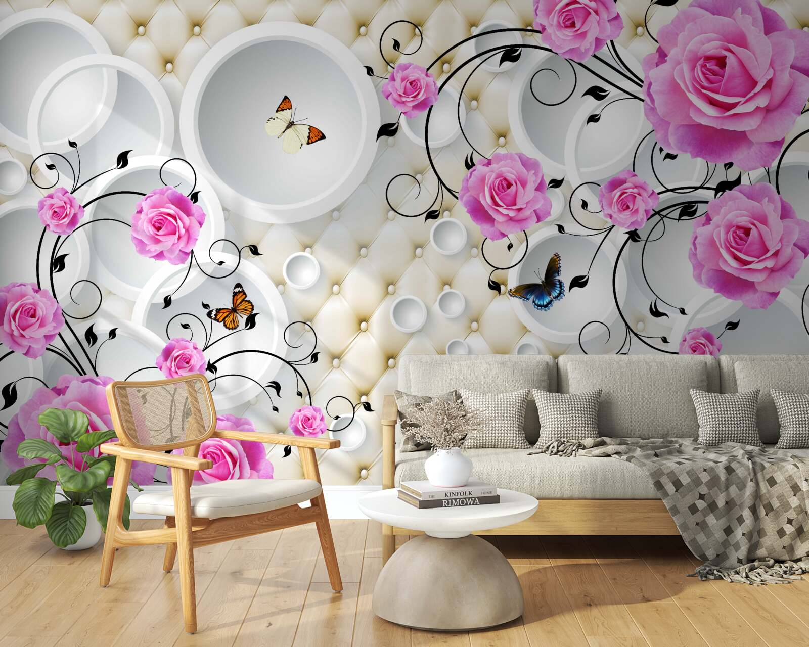Fototapeta ružové ruže a motýle na zádi abstraktných kruhov