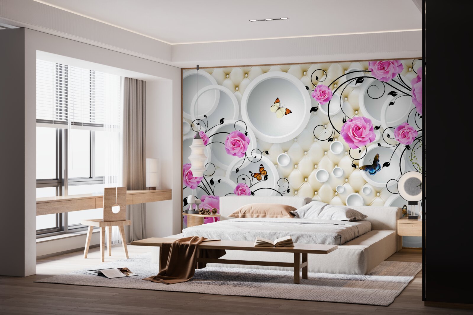 Fototapeta ružové ruže a motýle na zádi abstraktných kruhov