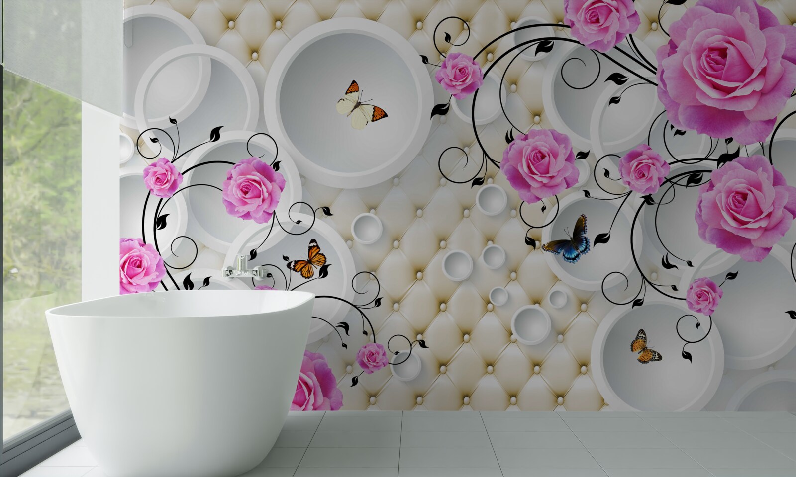 Fototapeta ružové ruže a motýle na zádi abstraktných kruhov