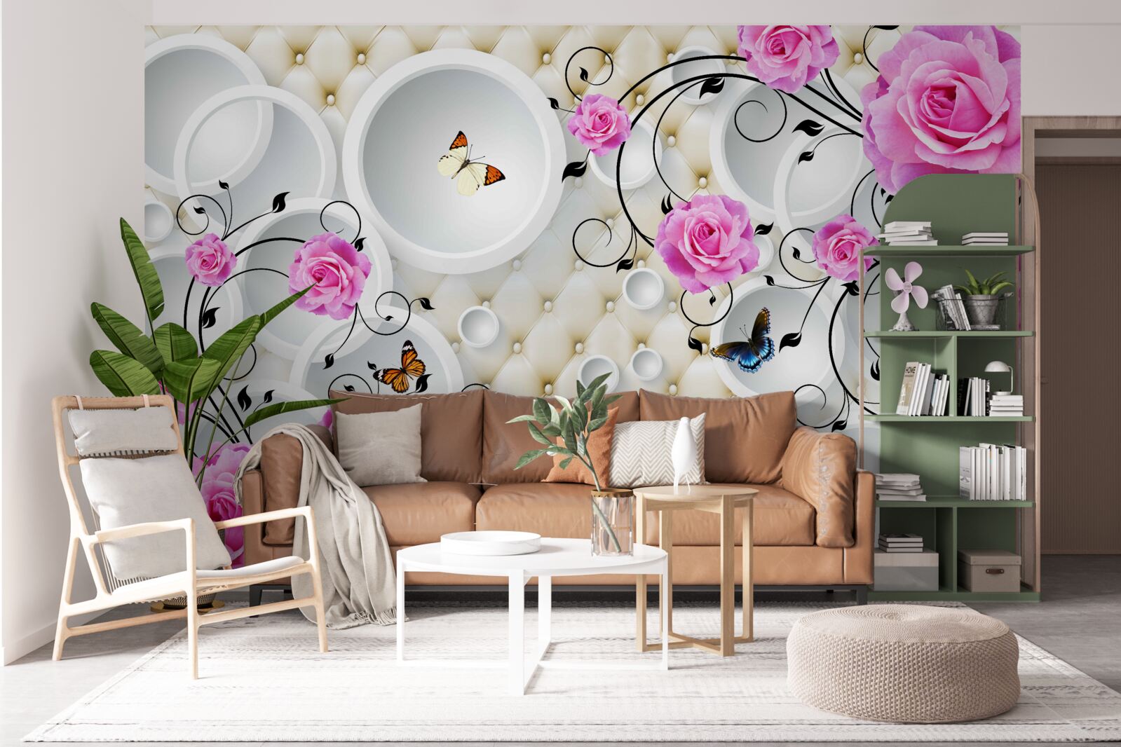 Fototapeta ružové ruže a motýle na zádi abstraktných kruhov