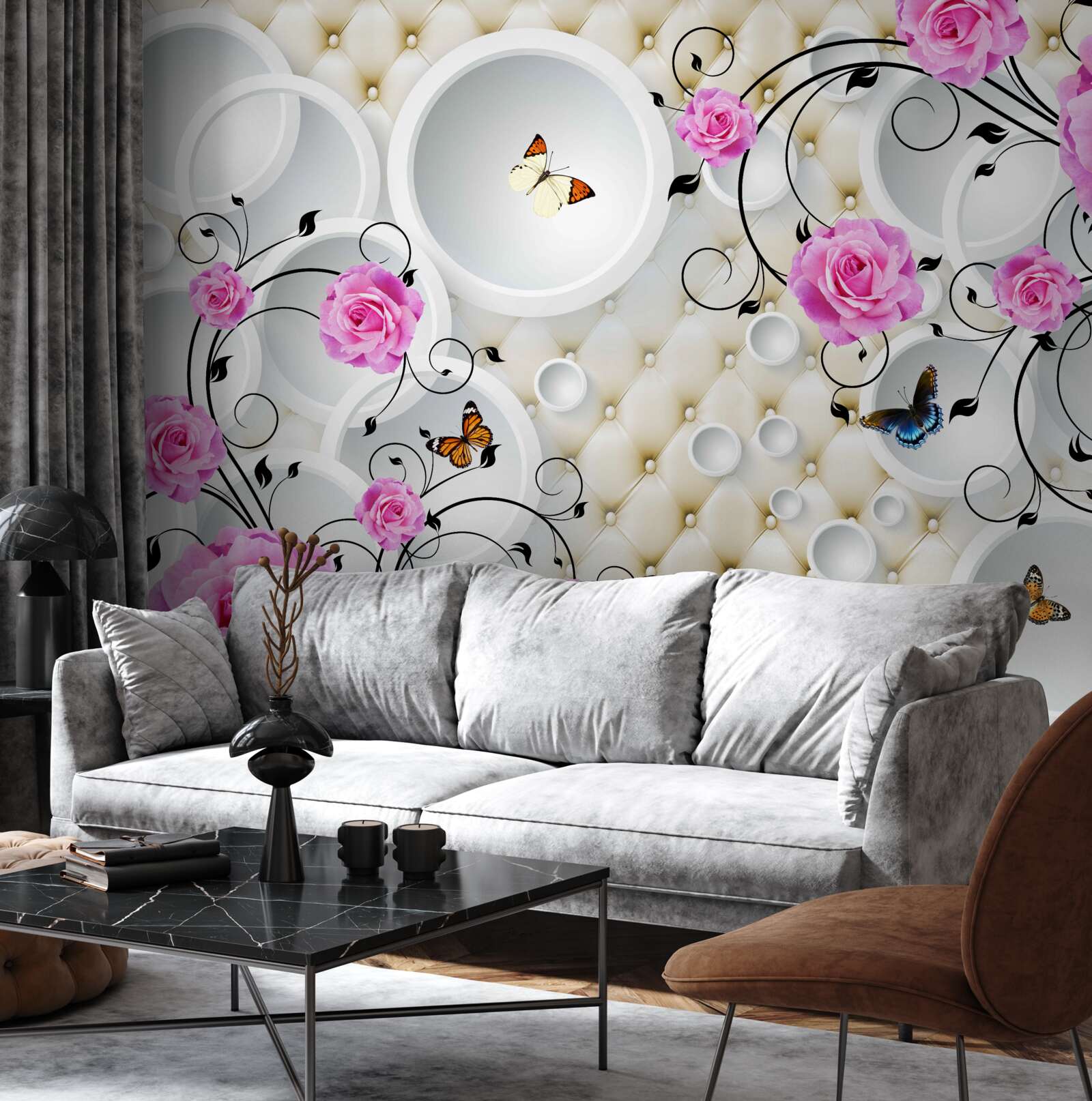 Fototapeta ružové ruže a motýle na zádi abstraktných kruhov
