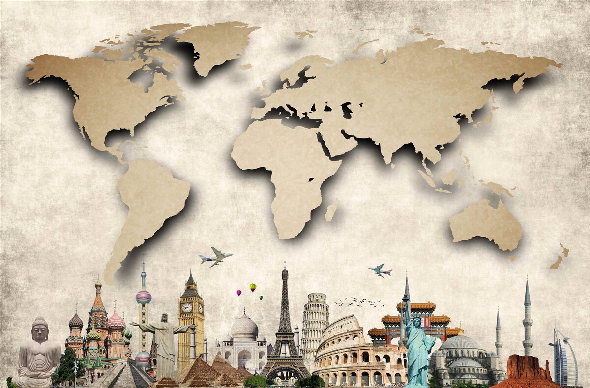 Fototapeta mapa sveta a hlavné zaujímavé mesto