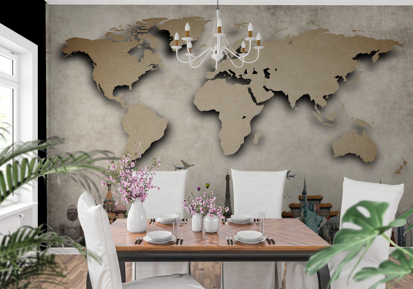 Fototapeta mapa sveta a hlavné zaujímavé mesto