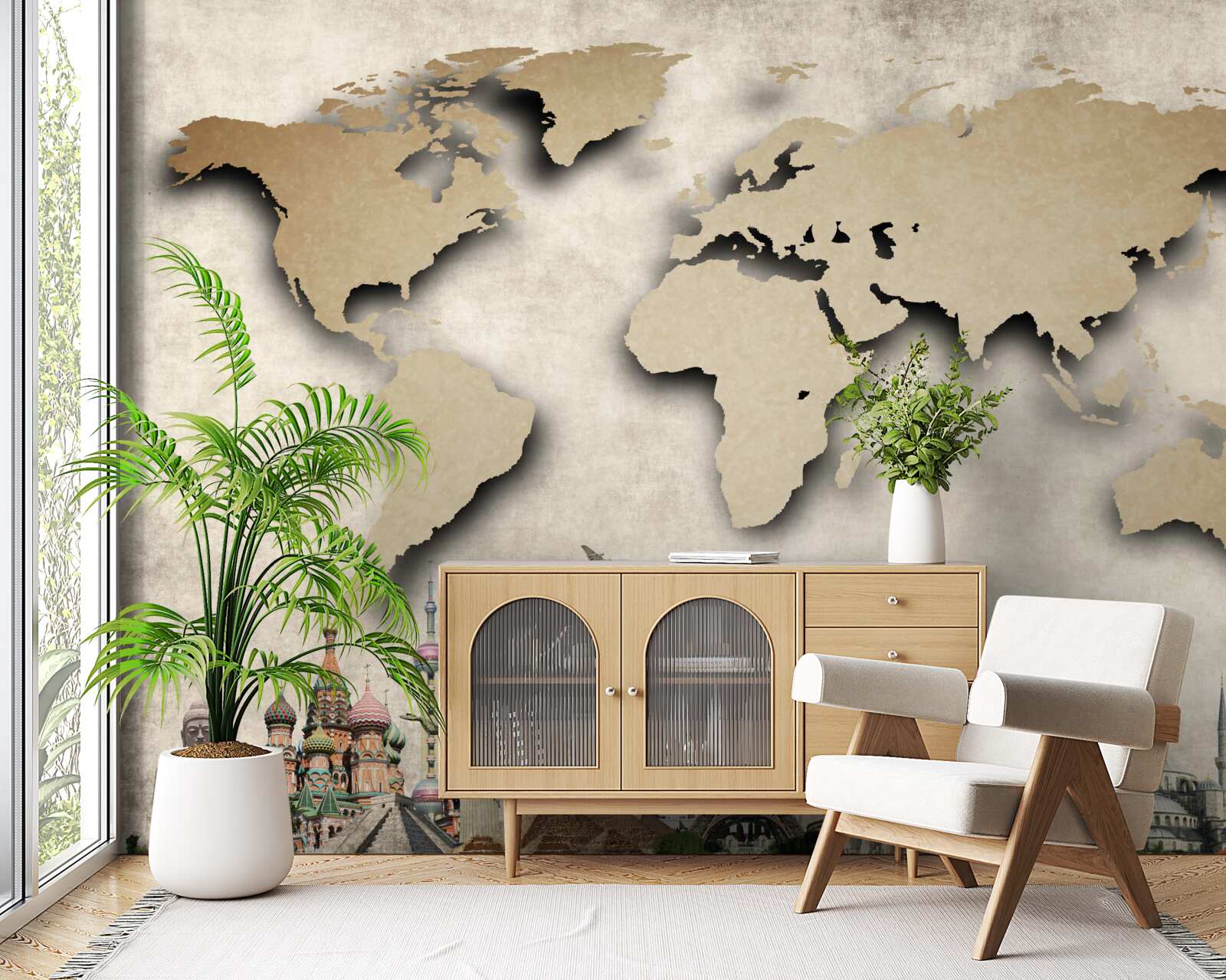 Fototapeta mapa sveta a hlavné zaujímavé mesto