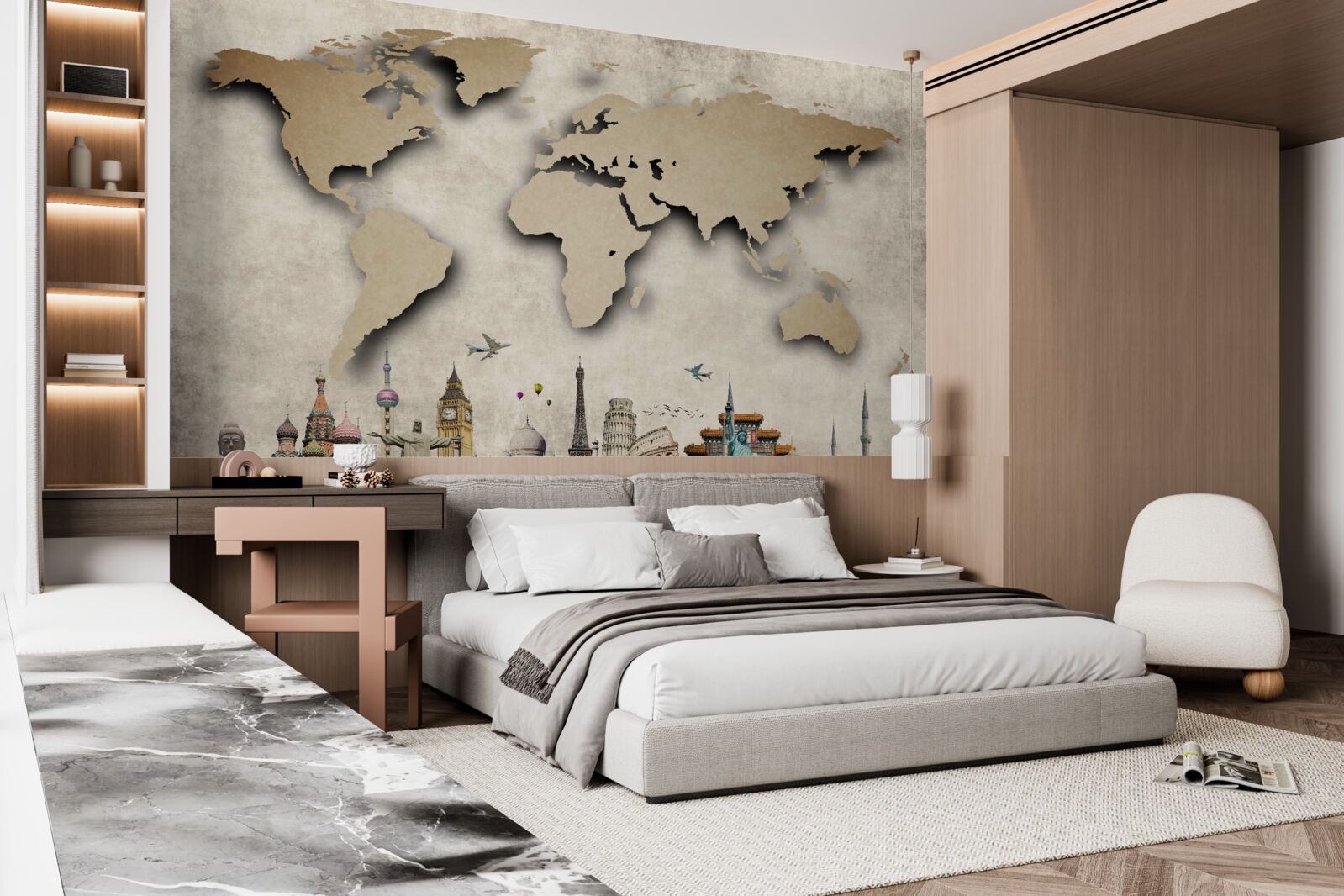 Fototapeta mapa sveta a hlavné zaujímavé mesto