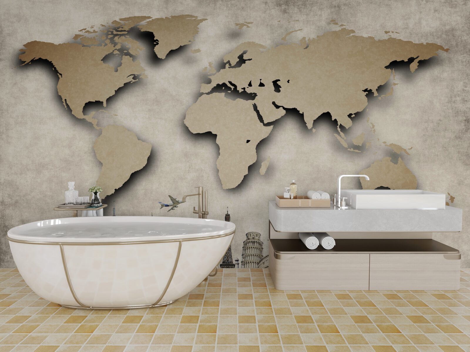 Fototapeta mapa sveta a hlavné zaujímavé mesto