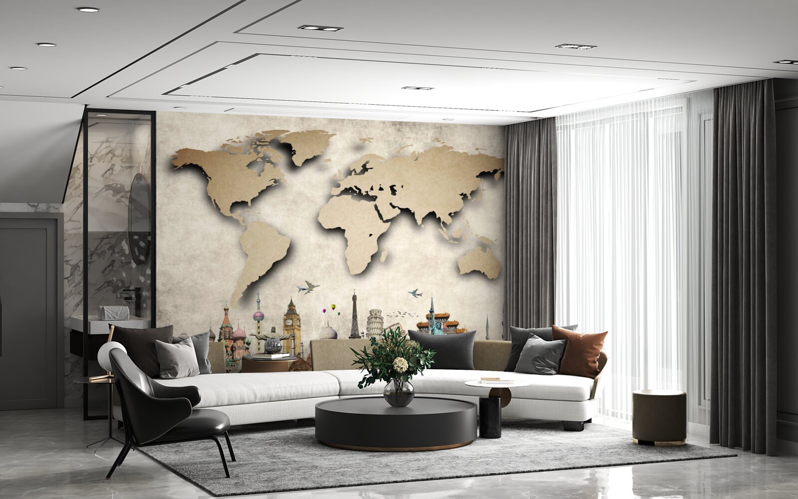 Fototapeta mapa sveta a hlavné zaujímavé mesto