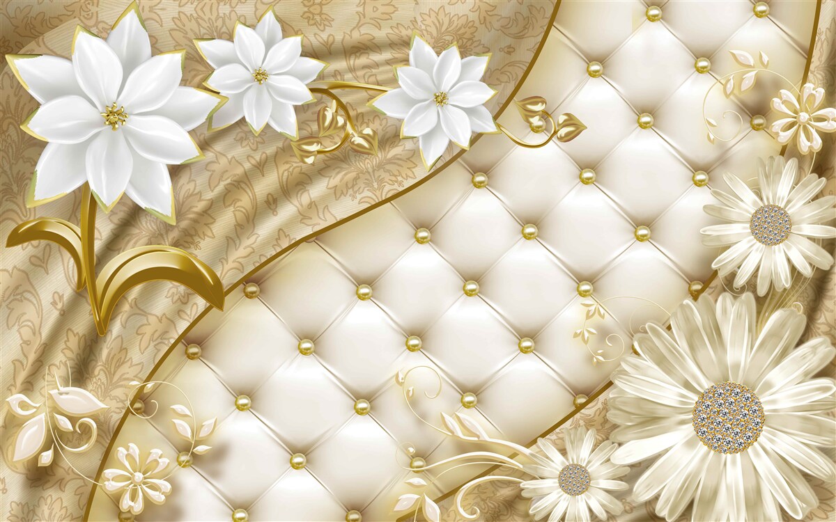 Fototapeta Stôl je zdobený perlami, bielymi kvetmi a zlatými akcentmi