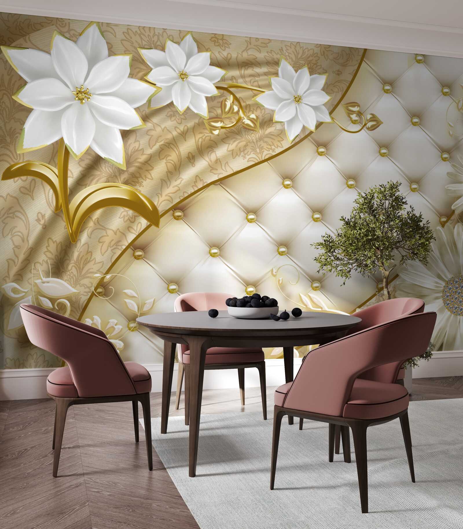 Fototapeta Stôl je zdobený perlami, bielymi kvetmi a zlatými akcentmi