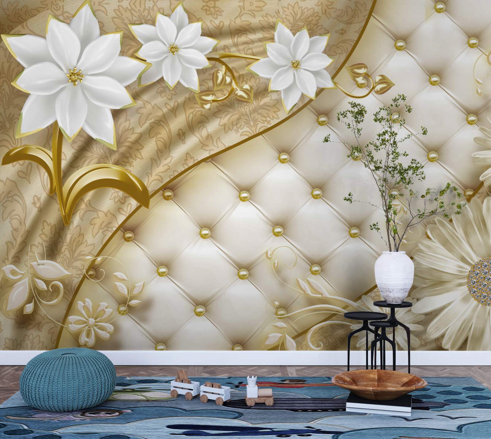 Fototapeta Stôl je zdobený perlami, bielymi kvetmi a zlatými akcentmi
