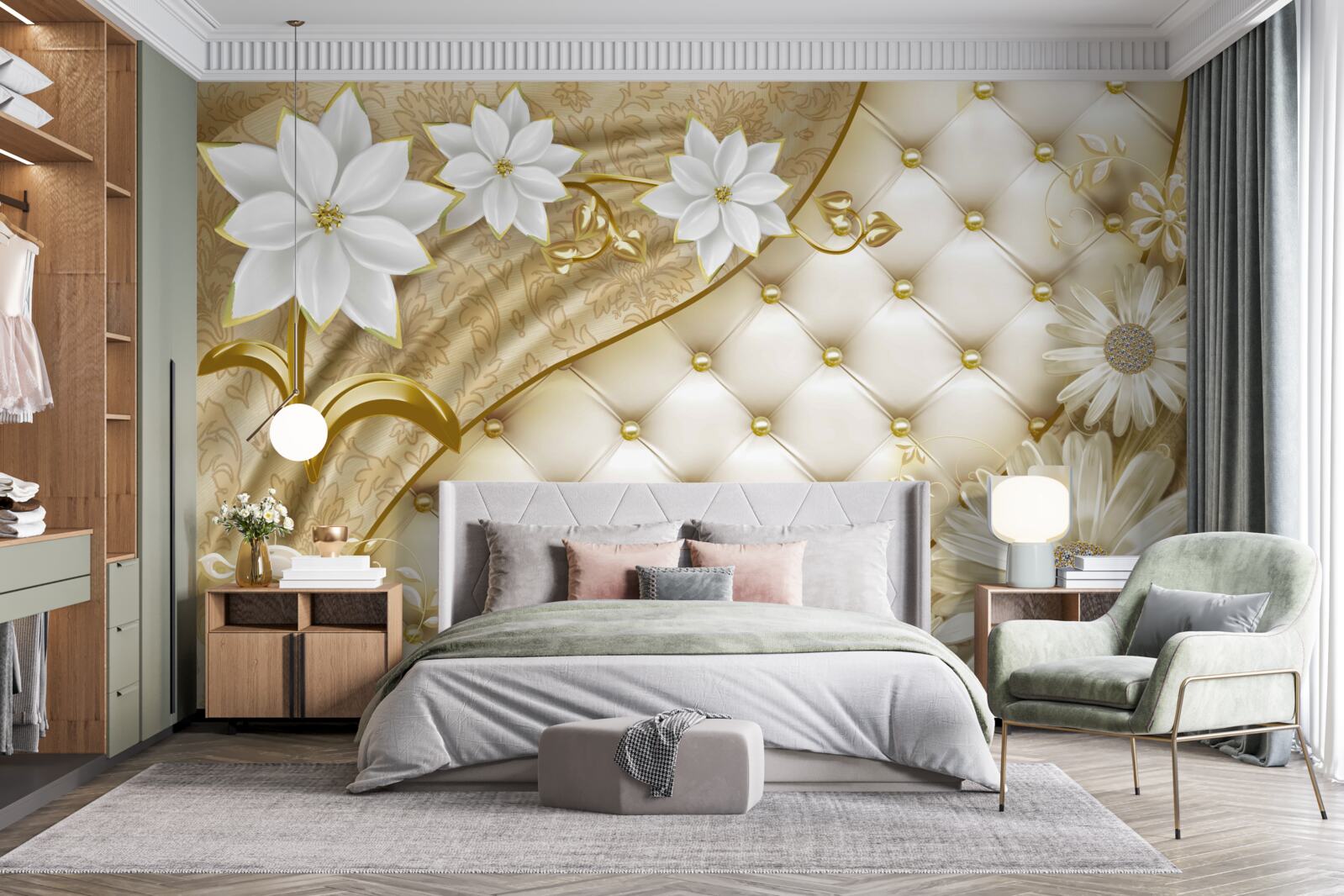 Fototapeta Stôl je zdobený perlami, bielymi kvetmi a zlatými akcentmi