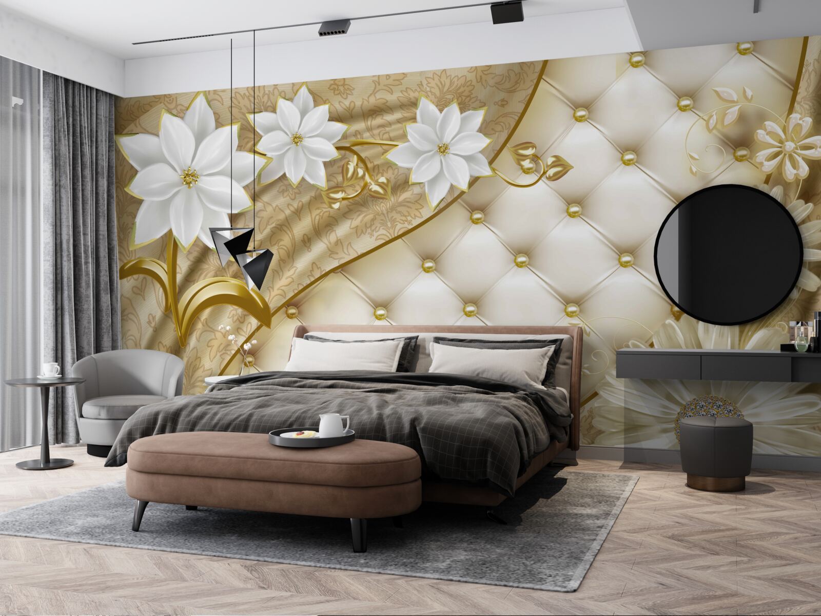 Fototapeta Stôl je zdobený perlami, bielymi kvetmi a zlatými akcentmi