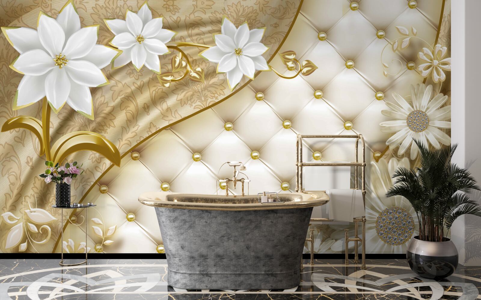 Fototapeta Stôl je zdobený perlami, bielymi kvetmi a zlatými akcentmi