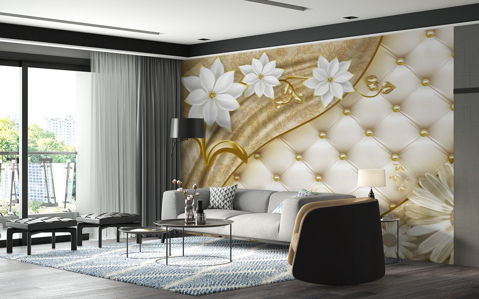 Fototapeta Stôl je zdobený perlami, bielymi kvetmi a zlatými akcentmi