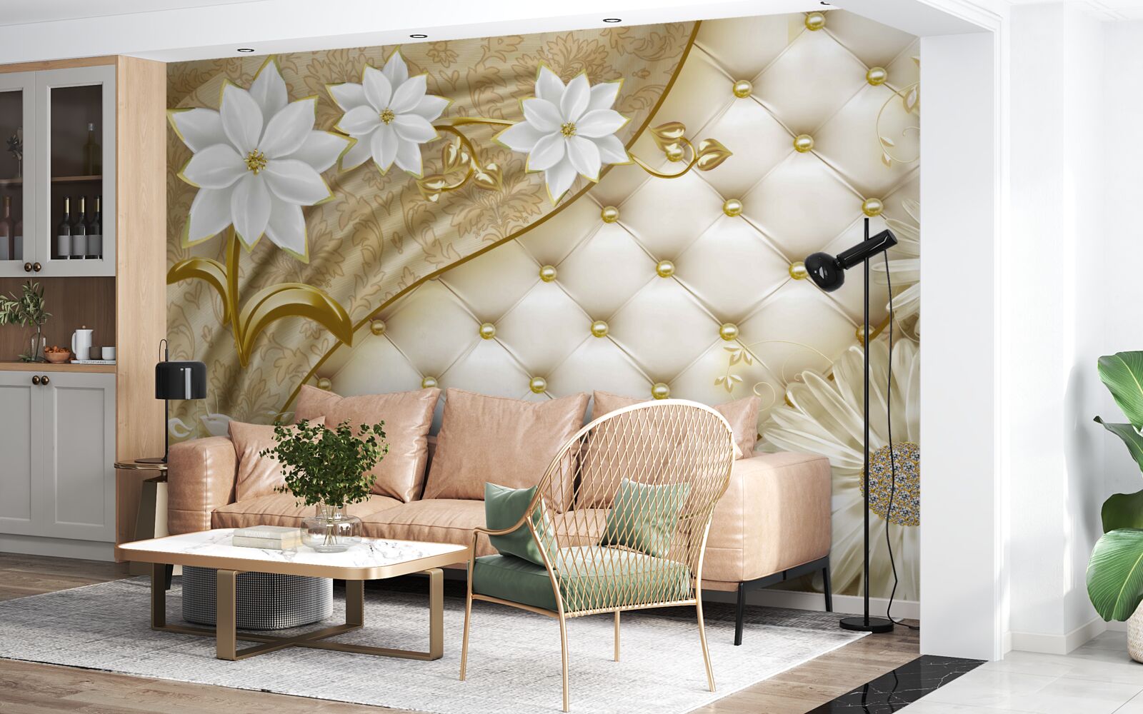 Fototapeta Stôl je zdobený perlami, bielymi kvetmi a zlatými akcentmi