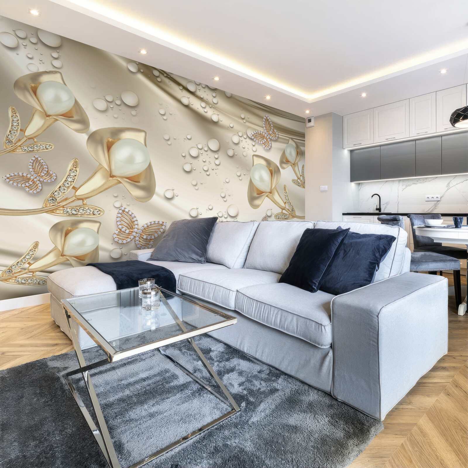 Fototapeta perly v zlatom usadzovanie s drahými kameňmi na hodvábnej nite