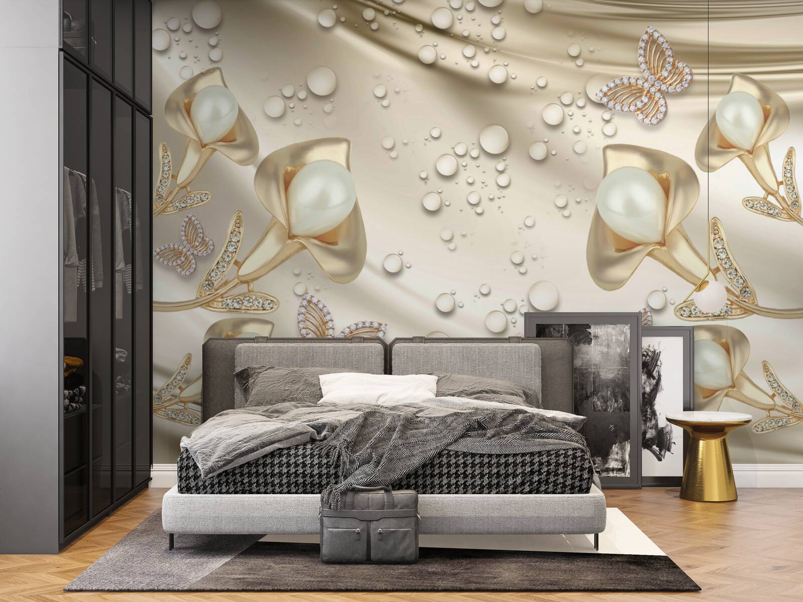 Fototapeta perly v zlatom usadzovanie s drahými kameňmi na hodvábnej nite