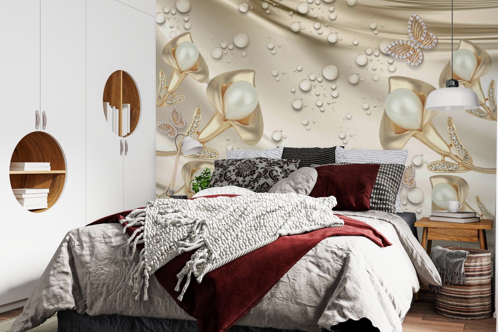 Fototapeta perly v zlatom usadzovanie s drahými kameňmi na hodvábnej nite