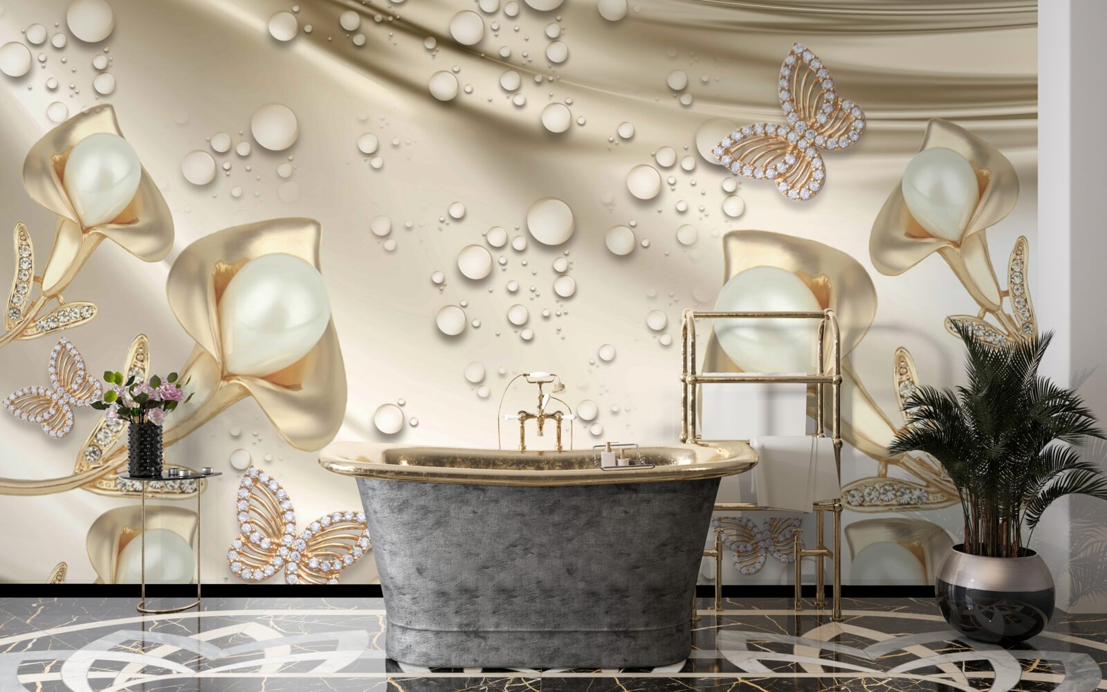 Fototapeta perly v zlatom usadzovanie s drahými kameňmi na hodvábnej nite