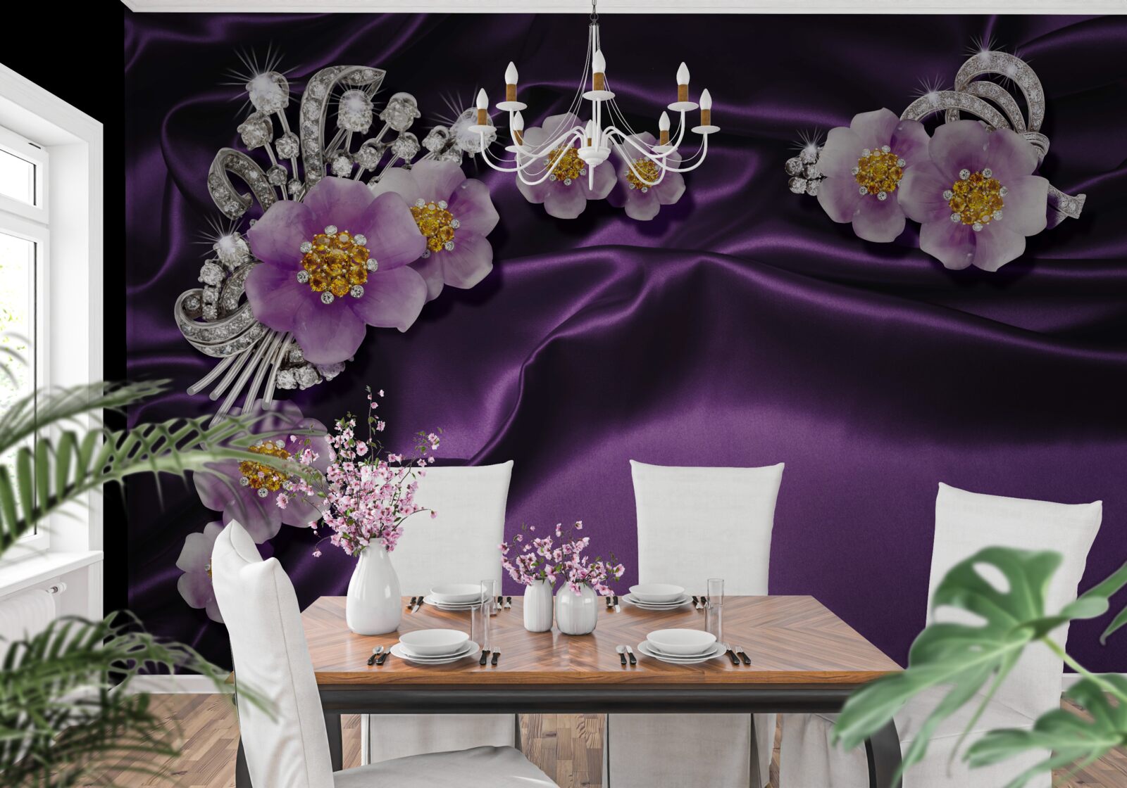 Fototapeta orgovánové kvety na tmavom hodvábe so striebornými akcentmi