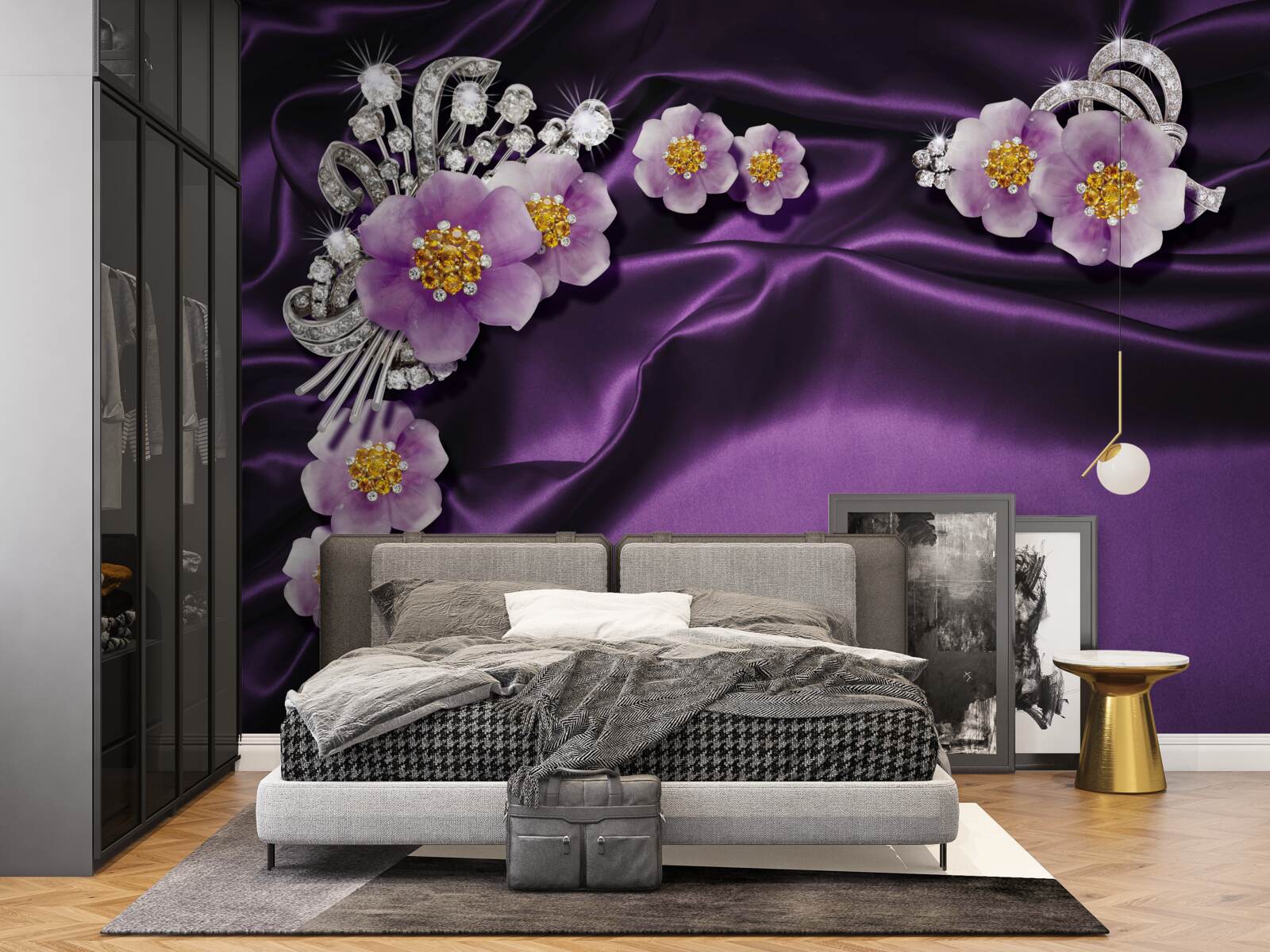 Fototapeta orgovánové kvety na tmavom hodvábe so striebornými akcentmi