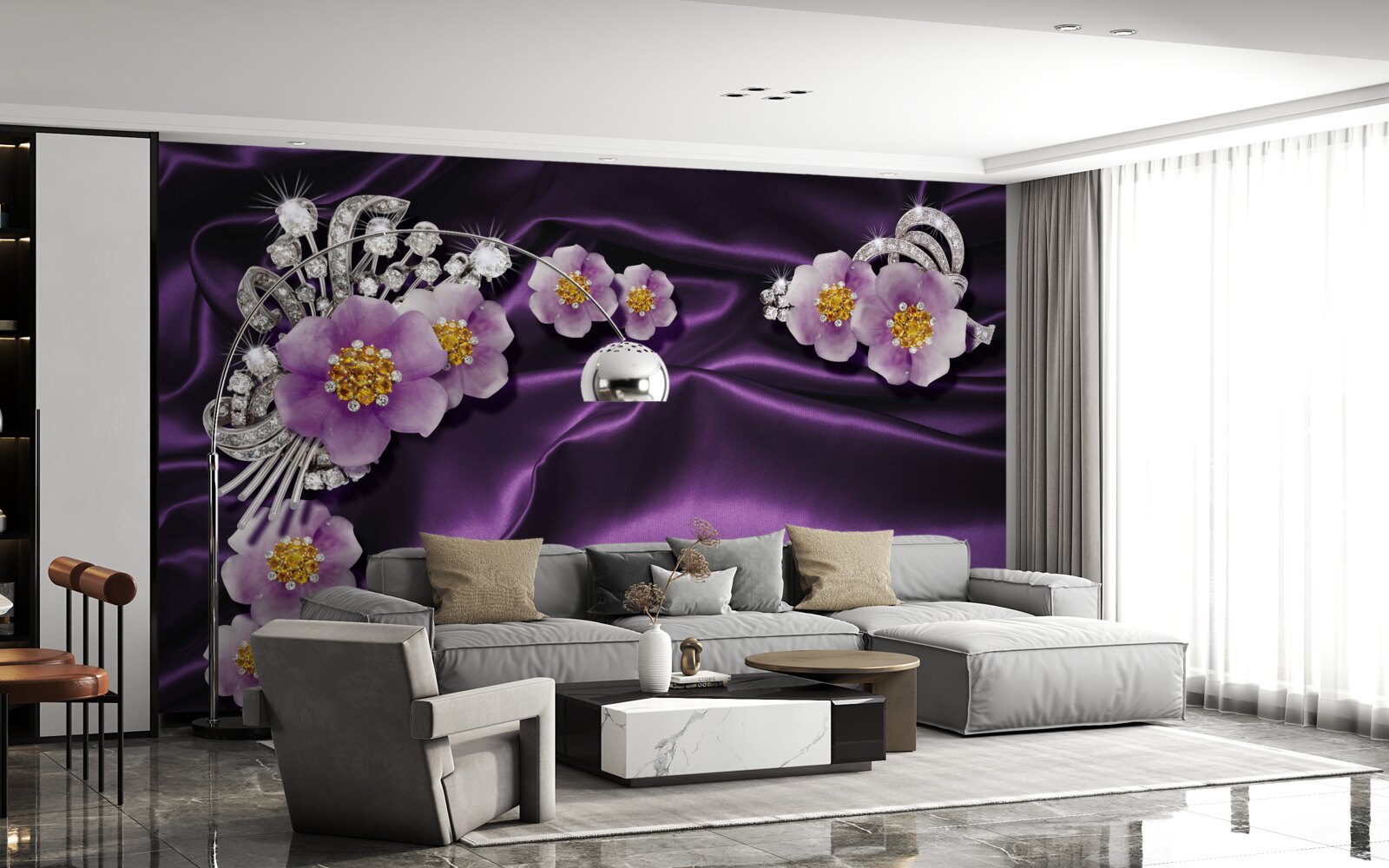 Fototapeta orgovánové kvety na tmavom hodvábe so striebornými akcentmi