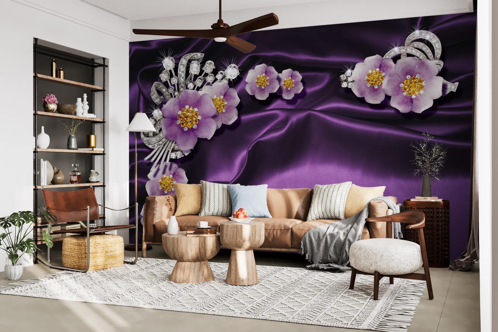 Fototapeta orgovánové kvety na tmavom hodvábe so striebornými akcentmi