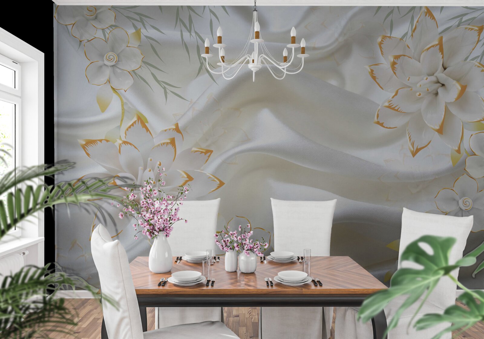 Fototapeta zlaté vzory a kvety na bielom hodvábe