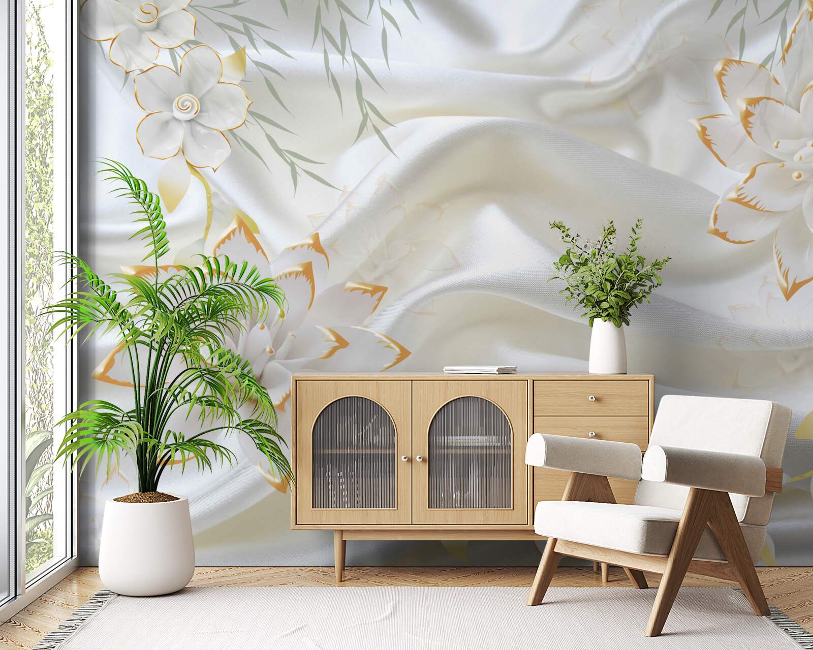 Fototapeta zlaté vzory a kvety na bielom hodvábe