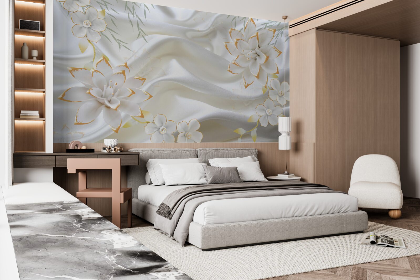 Fototapeta zlaté vzory a kvety na bielom hodvábe