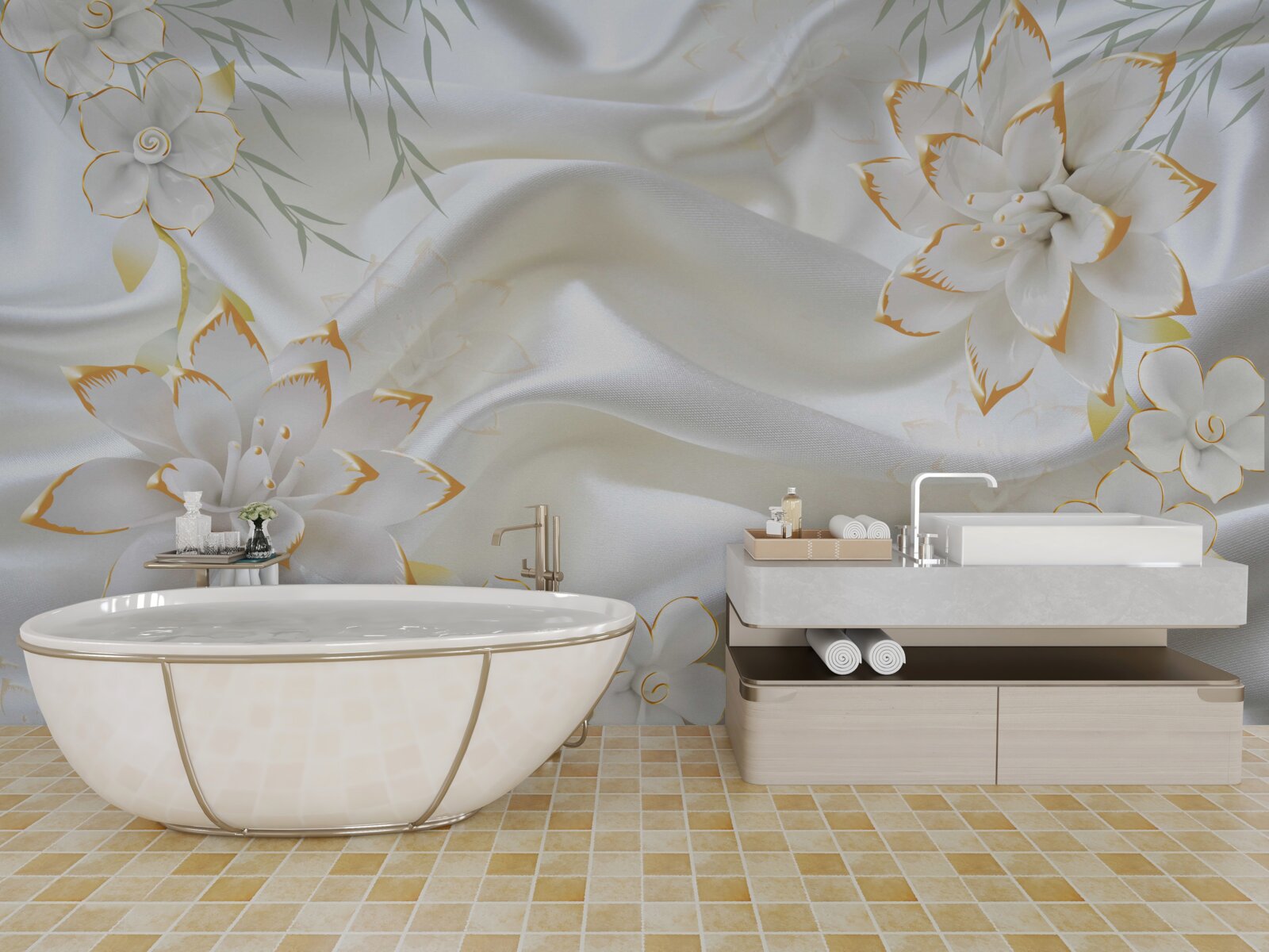 Fototapeta zlaté vzory a kvety na bielom hodvábe