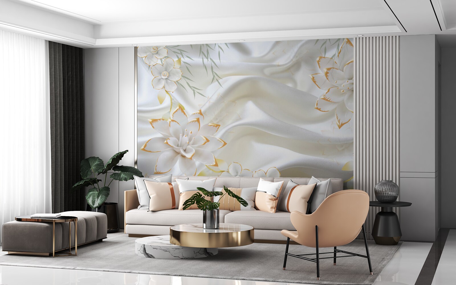 Fototapeta zlaté vzory a kvety na bielom hodvábe