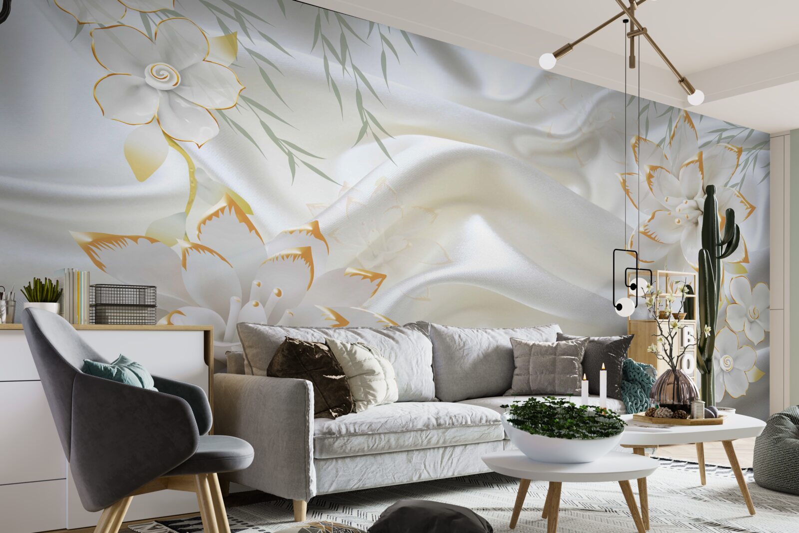 Fototapeta zlaté vzory a kvety na bielom hodvábe