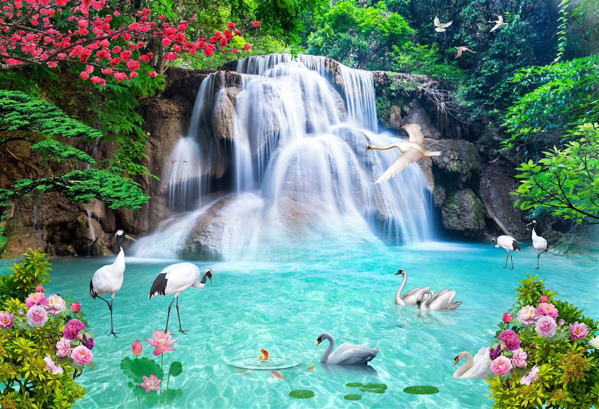 Fototapeta hlasný stupňovitý vodopád a labute v modrej vode