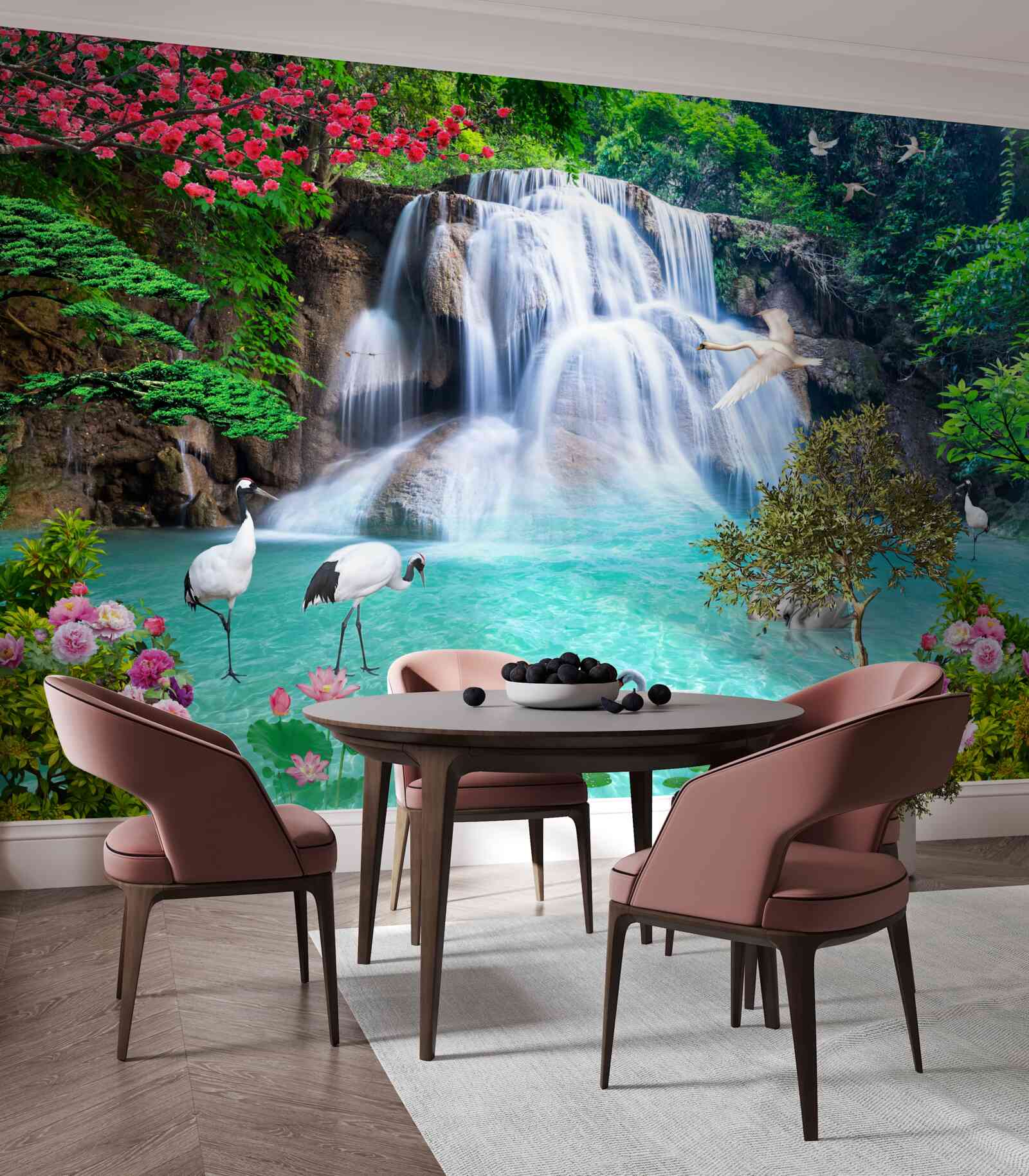 Fototapeta hlasný stupňovitý vodopád a labute v modrej vode