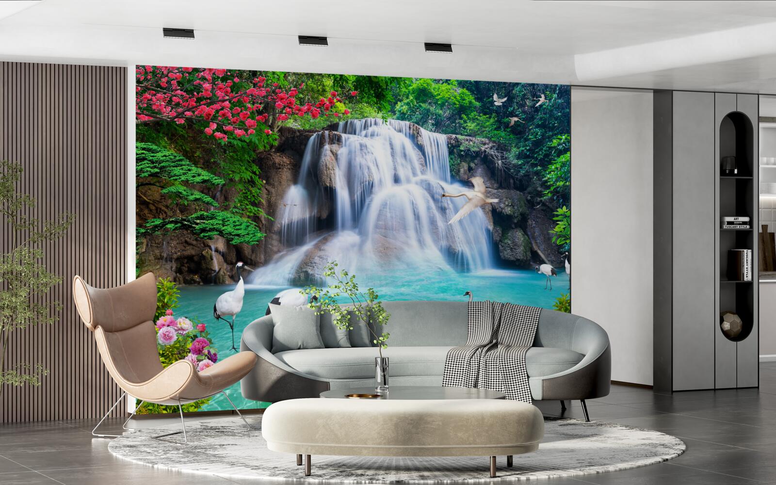 Fototapeta hlasný stupňovitý vodopád a labute v modrej vode