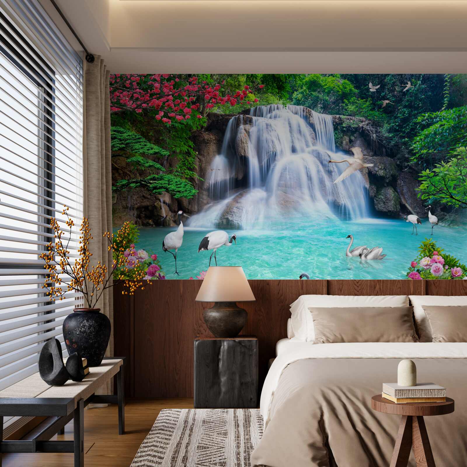 Fototapeta hlasný stupňovitý vodopád a labute v modrej vode