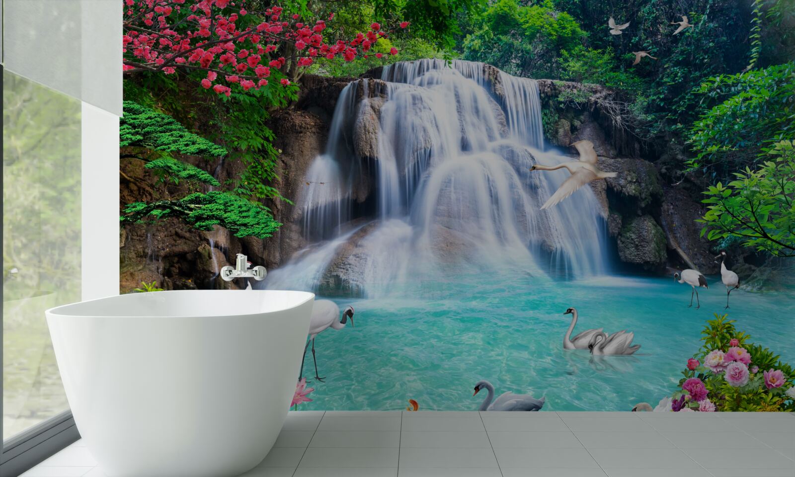 Fototapeta hlasný stupňovitý vodopád a labute v modrej vode